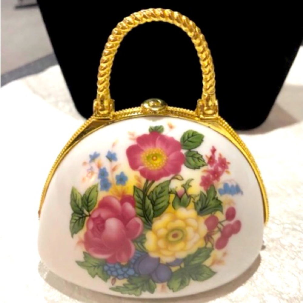 TRINKET PURSE shaped box floral White PORCELAIN gold trim size 4x3 NWOT